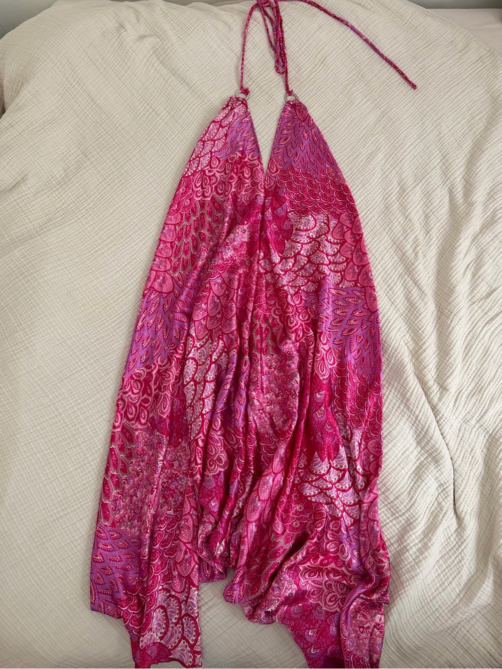 Pink Satin Backless Halter Maxi Dress Paisley Boho Festival V-Neck Fairycore